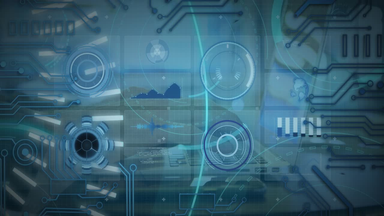 Animation of 5g text and infographic interface over cropped hands typing on keyboard of laptop