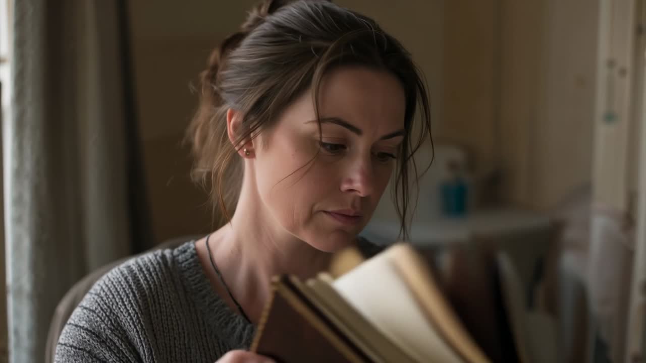 Reading woman wearing grey sweater turning pages of large leather book at home, with blue bottle