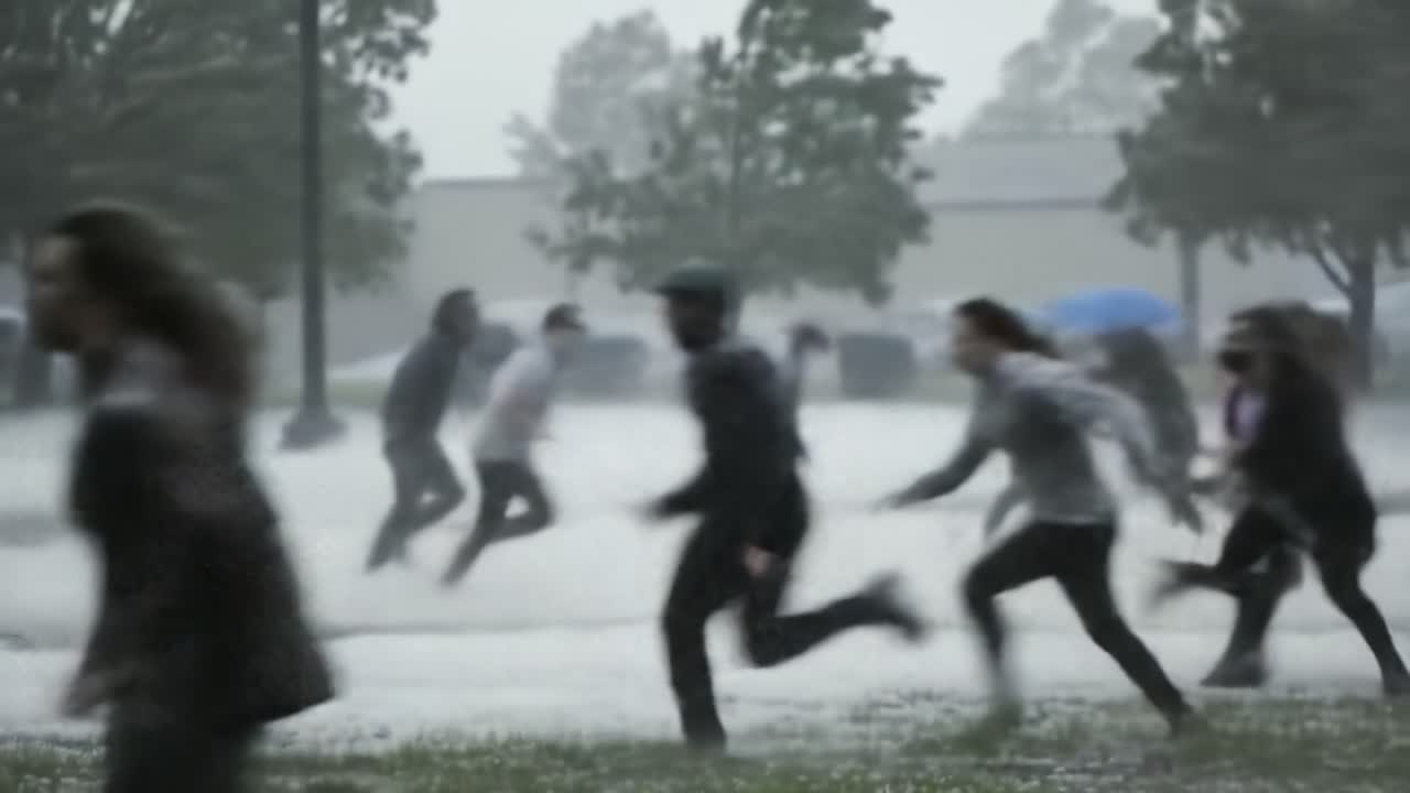 A Chaotic Scene of People Running Amidst a Torrential Downpour, Seeking Shelter from Heavy Rain and Overhead Storm Clouds in an Urban Park Setting
