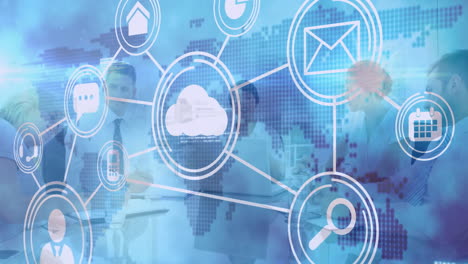 in office, animation of cloud computing icons over network connections during meeting