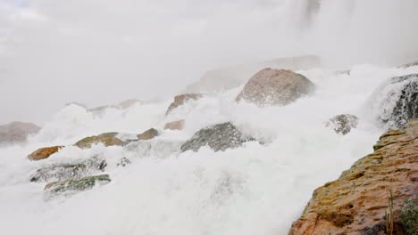 água batendo nas rochas na base das cataratas do niágara