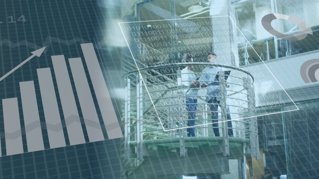 Animation von Finanzdatenverarbeitung über Raster und Bürogebäude-Hintergrund