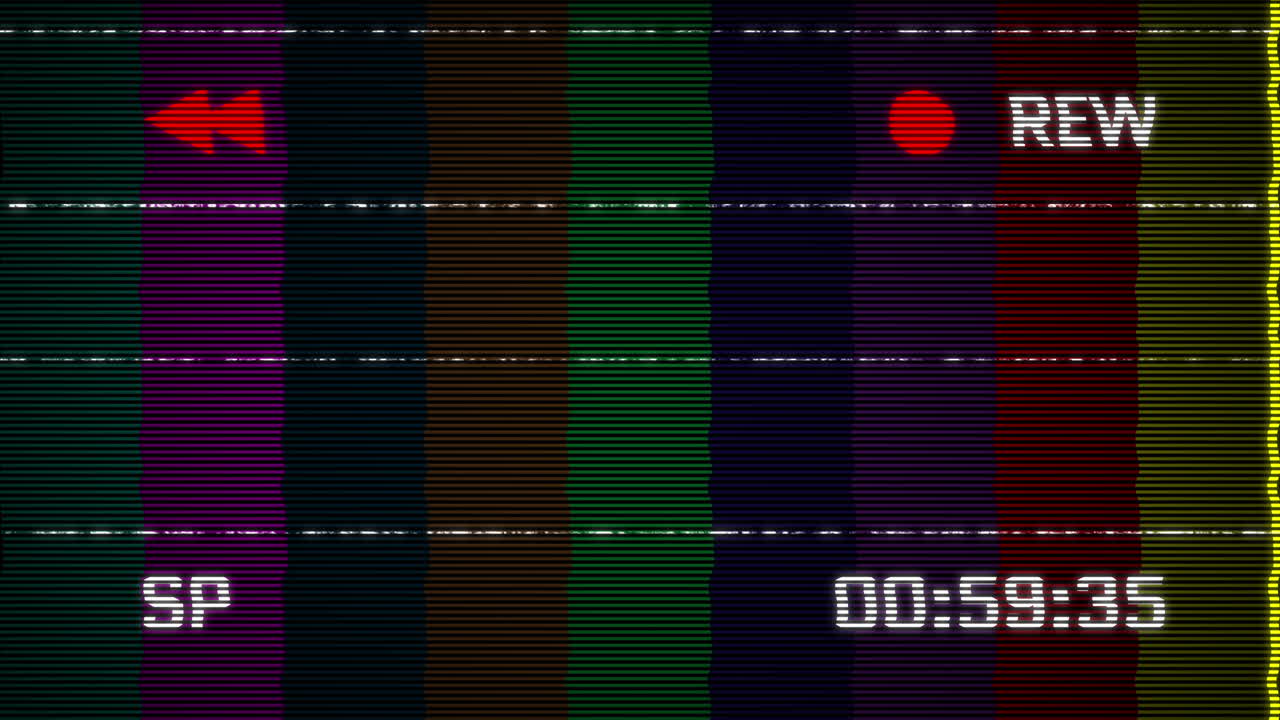 Retro VHS Rewind Screen with Color Bars and Glitch Effect