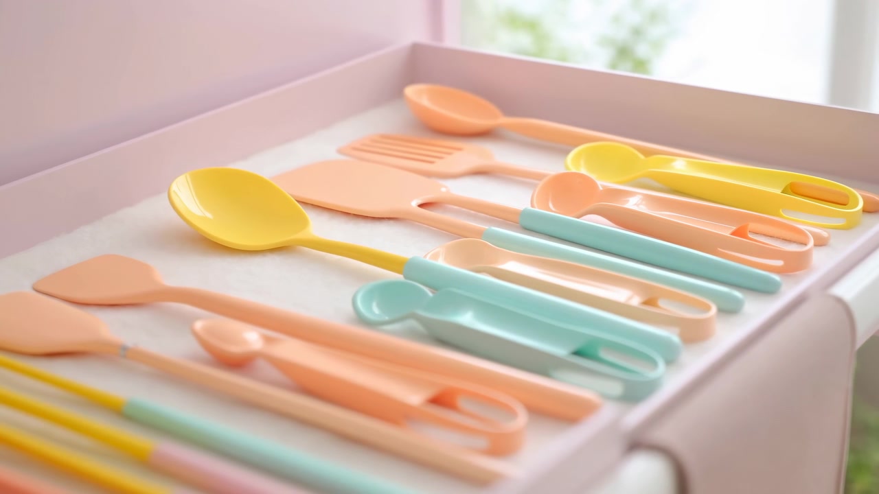 Colorful cooking utensils in peach, yellow and mint tones lie organized across pink tray while gentle lateral movement shifts the composition beside a bright softly blurred window.