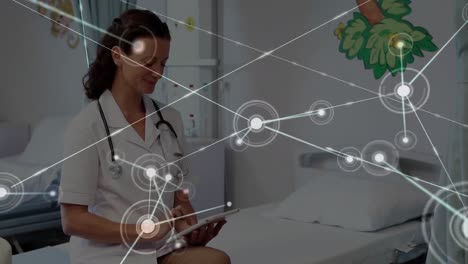 animation of network of connections over caucasian female doctor in hospital