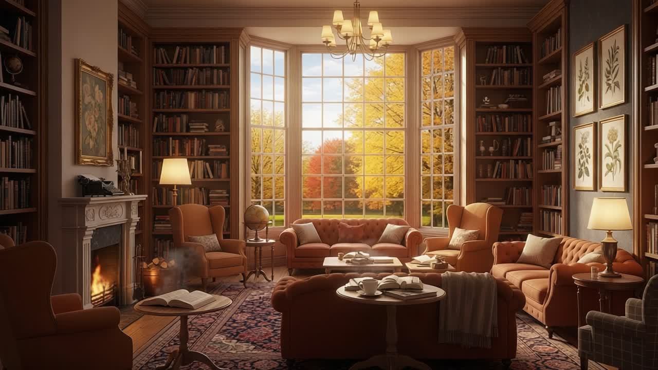 A Cozy and Inviting Library Living Room with Expansive Windows Offering Autumn Views of Vibrant Foliage and a Warm Fireplace, Ideal for Relaxation and Reading