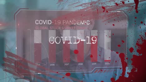 animation of covid 19 data processing over woman in face mask