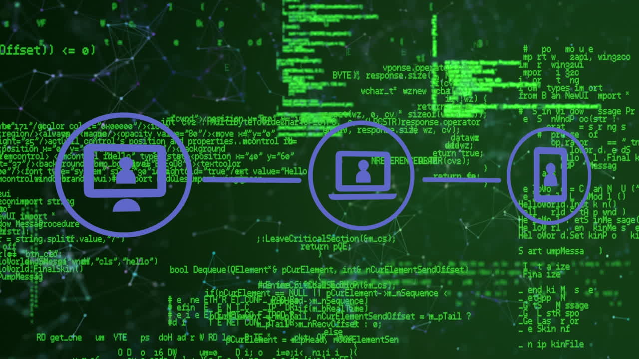 Animation of media icons and data processing over black background