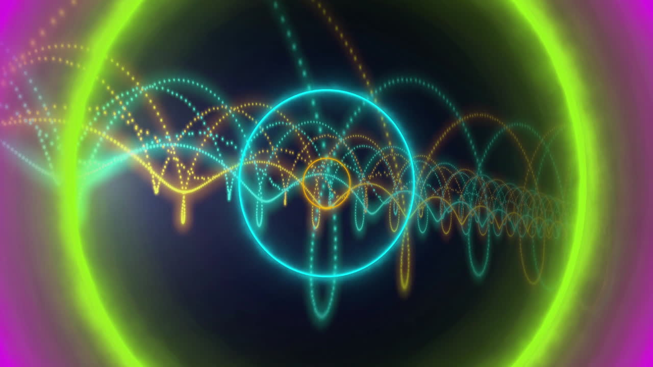 Neon cyan and orange rings glowing while turquoise, gold waveforms looping across dark 3D render
