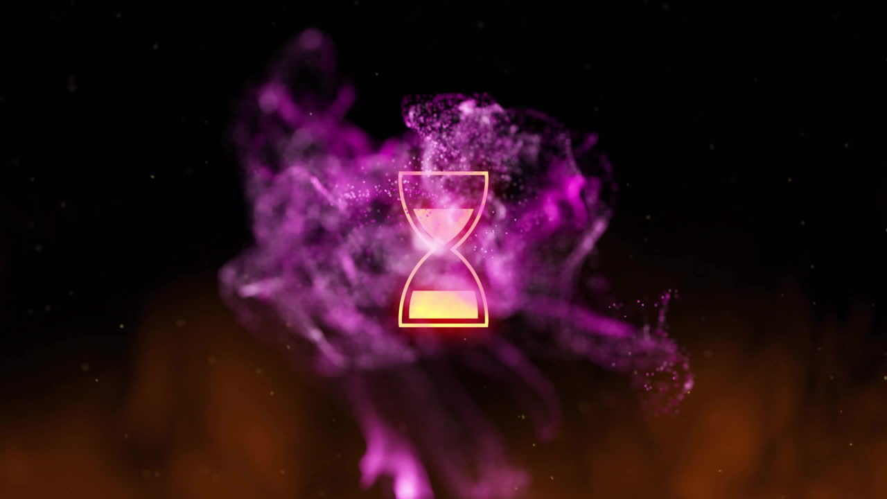 Glowing neon-orange hourglass shape swirling within pink-purple smoke in dark abstract space