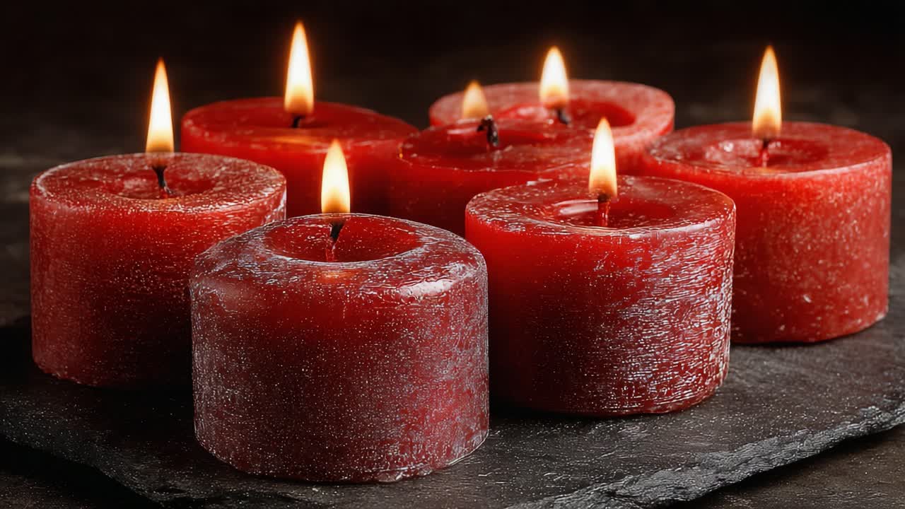 Una serena composizione di candele rosse su una base di ardesia, che evoca calore e tranquillità mentre le morbide fiamme danzano nella penombra, perfetta per creare un'atmosfera accogliente.