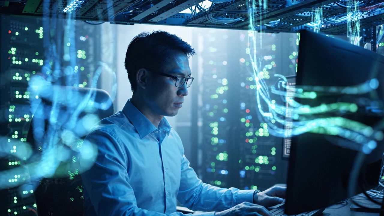 Analista di dati concentrato che lavora al computer circondato da rack di server luminosi in un moderno data center, analizzando informazioni con intensa concentrazione