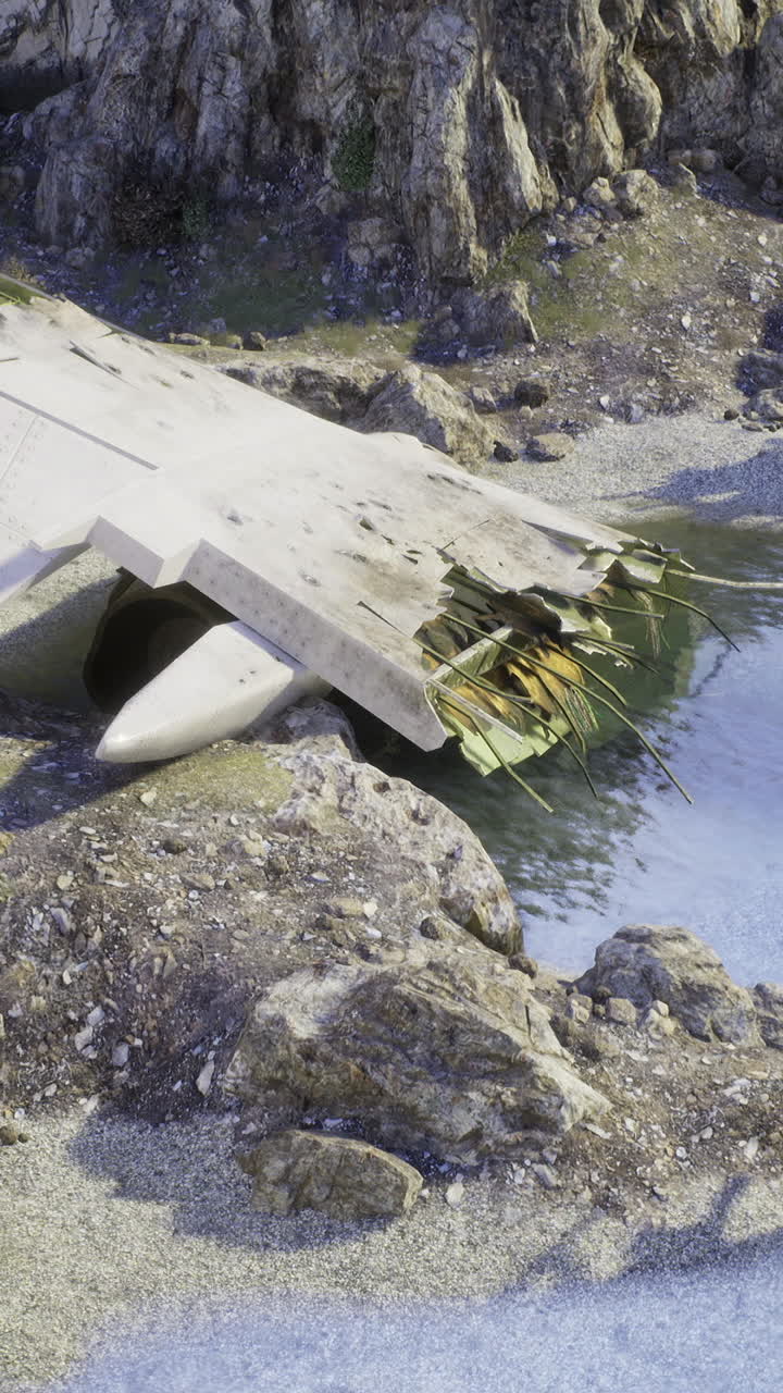 Errored aircraft wreckage on rocky shore with calm waters and cliffs