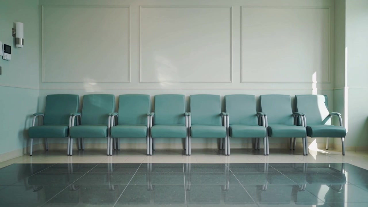 Sunlight entering right window shifting patch across row 8 teal chairs, reflecting on glossy tiles