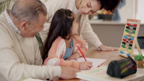 grandfather, mother and girl with homework