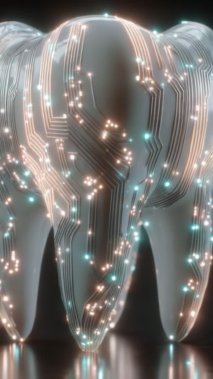 Futuristic Tooth Design with Circuit Patterns Illuminated in Neon Colors, Showcasing the Intersection of Dental Artistry and Technology