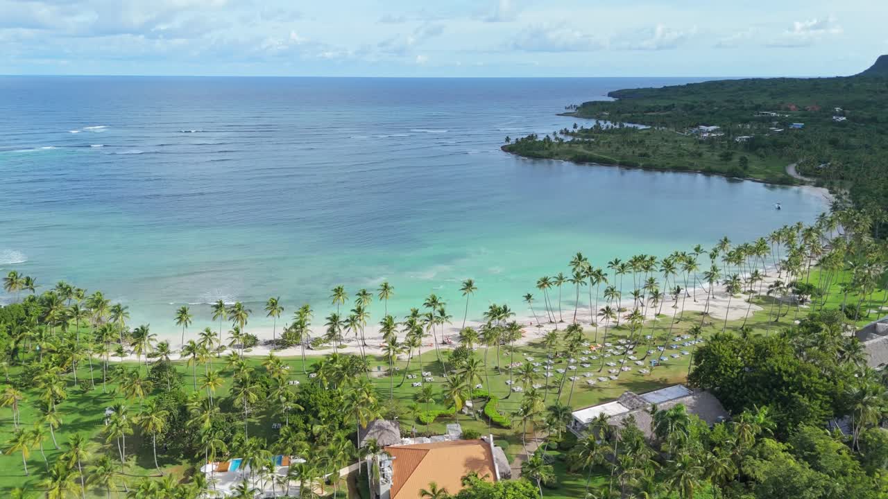 Playa Aserradero beach, Las Galeras in Dominican Republic. Aerial drone panoramic view