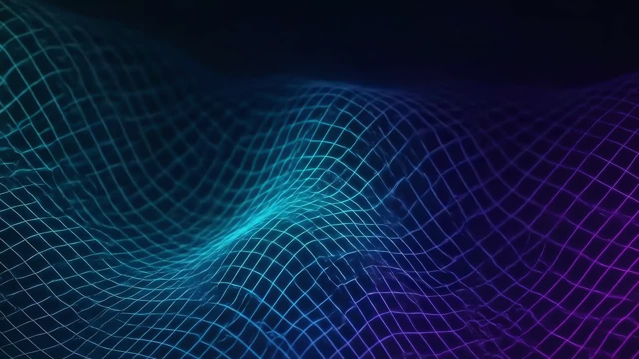 Dynamic, neon grid waves from a low-angle view, perfect for a futuristic video backdrop