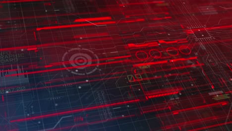 Futuristic, high-tech HUD interface with red lines and grids on dark background, suggesting data analysis or digital system