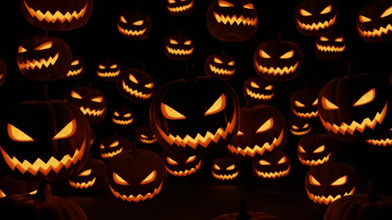 A Spooky Scene of Eerie Jack-o'-Lanterns Illuminating the Darkness with Sinister Grins, Perfectly Capturing the Essence of Halloween Festivities and Atmosphere