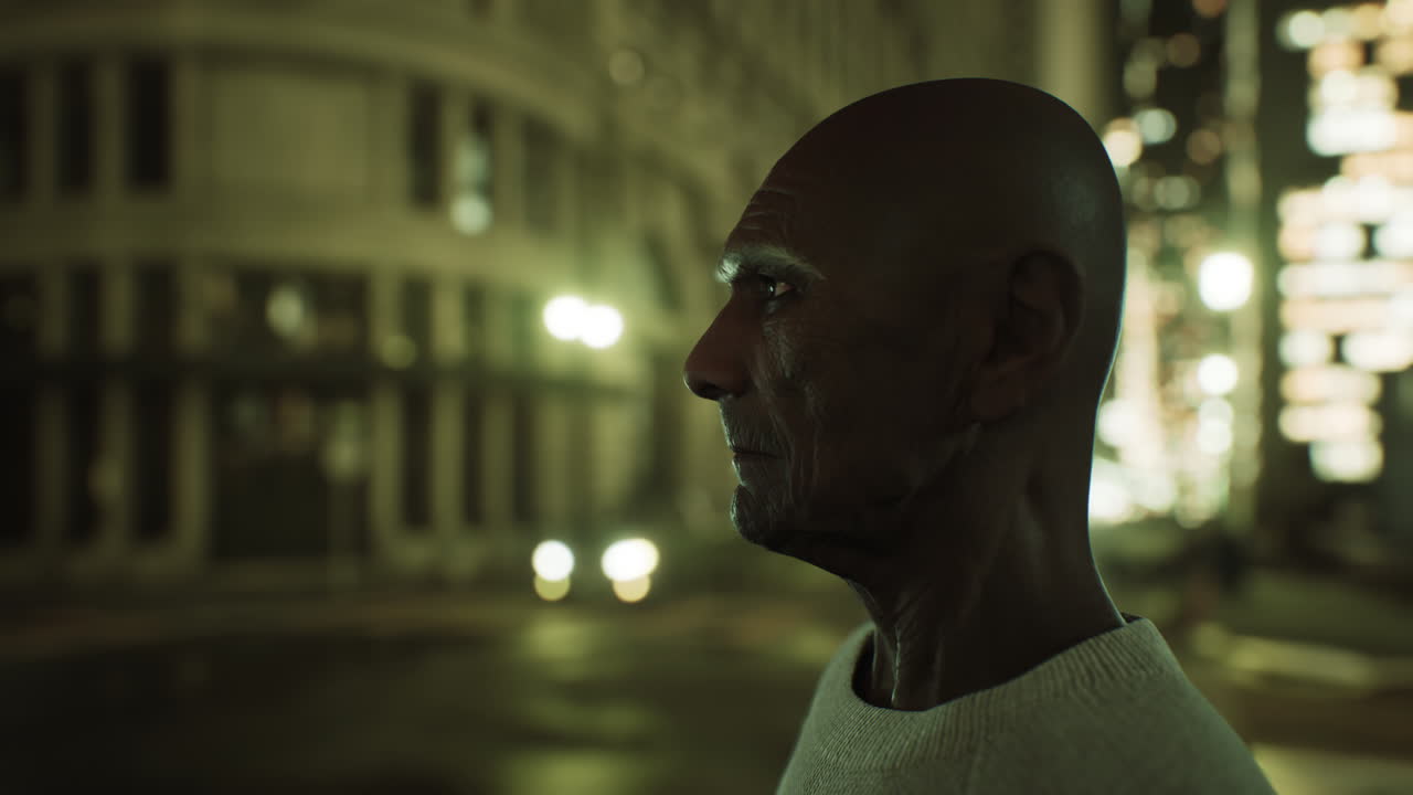 anciano asiático en la gran ciudad por la noche