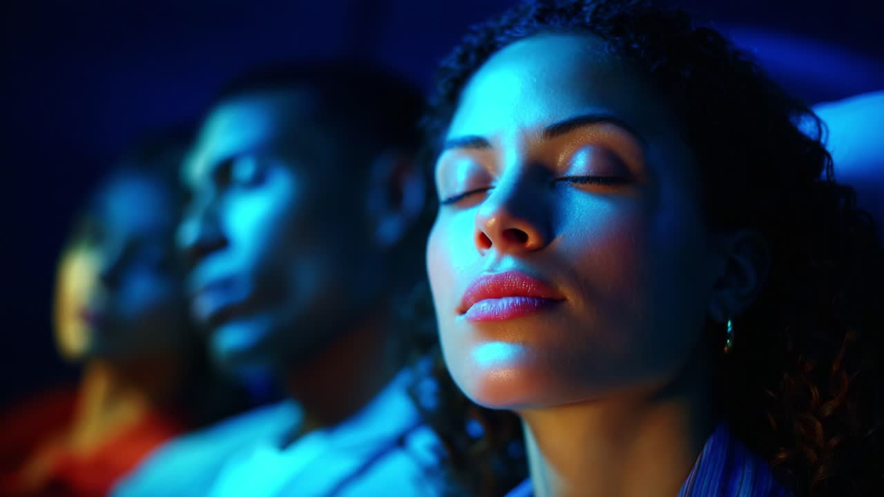 A Tranquil Moment Captured in an Ambient Setting, Showcasing Three Individuals Relaxing with Eyes Closed, Emphasizing Serenity, Calmness, and the Peaceful Atmosphere Enveloping Them