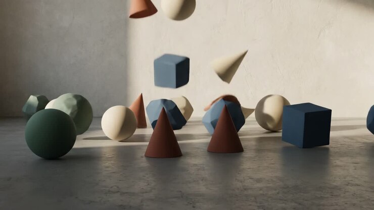 Forme geometriche dai colori tenui che cadono e rimbalzano in una stanza minimalista