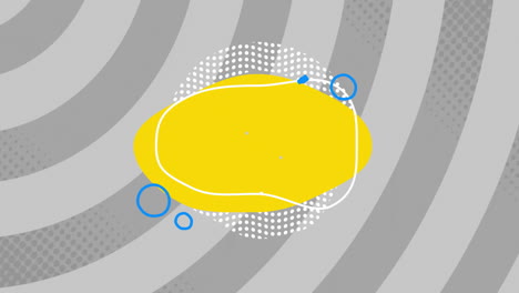 yellow abstract shapes with blue circles and dots animation over grey spiral background
