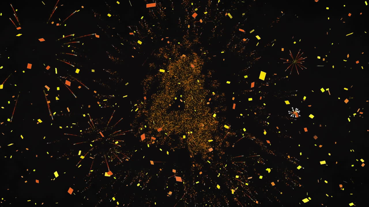 Animation of glittering numbers counting down to new year from 10 to 0 with confetti in night sky