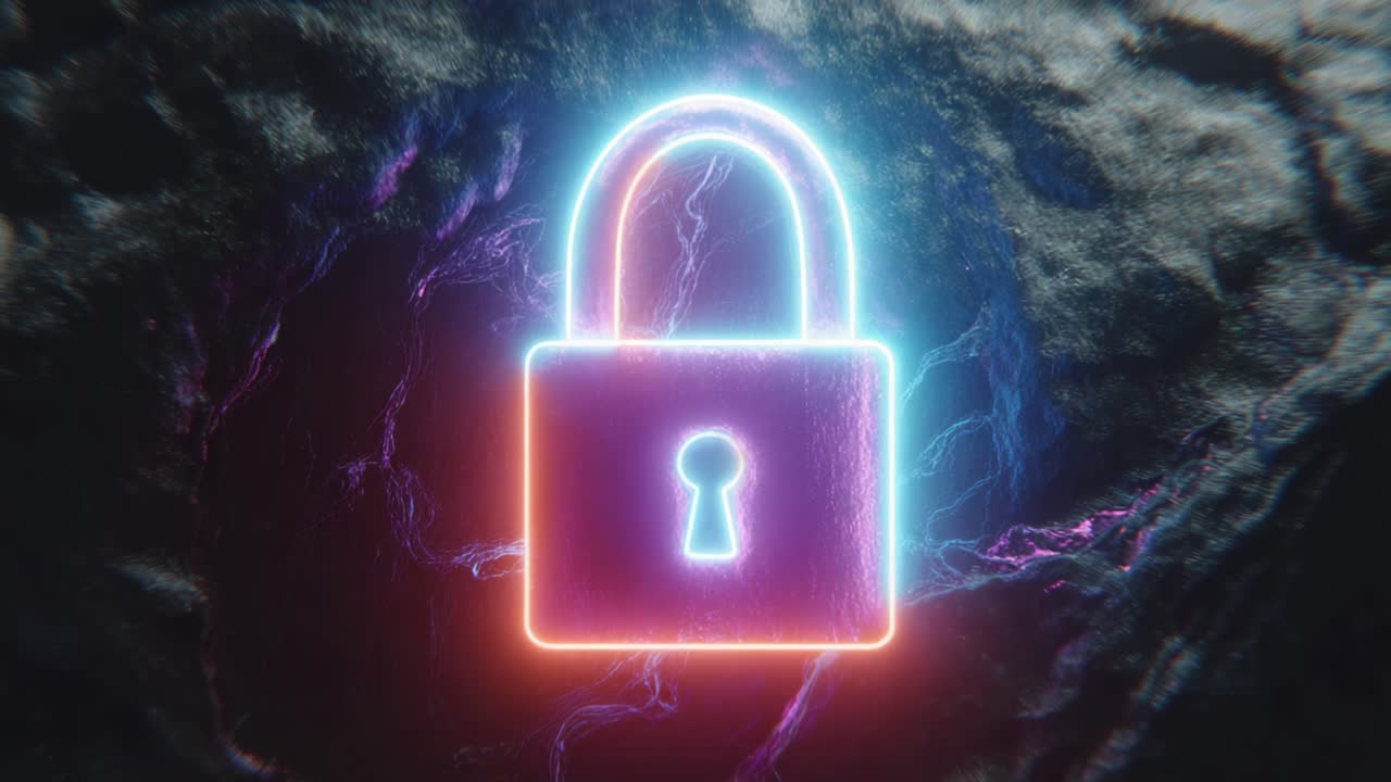 A Vibrant Neon Lock Symbol Emerging from a Dark Background, Representing Security, Privacy, and Protection in Digital Spaces
