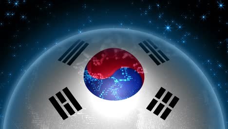 south korea flag strung on planet earth. abstraction of a globe with the contours of the continents.