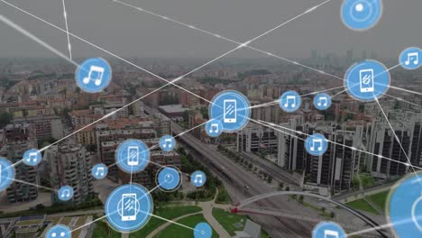 animation of network of connections with icons over cityscape