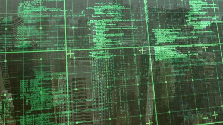 Green digital overlay appearing over skyline, updating code, moving crosshairs and scanning data