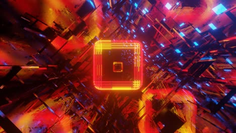 3d object or structure rotates and moves inside glass mirror tunnel with neon light, bright reflections. cube. fantastic abstract bg in 4k. vj loop for show. sci fi bg fly through hi tech tunnel