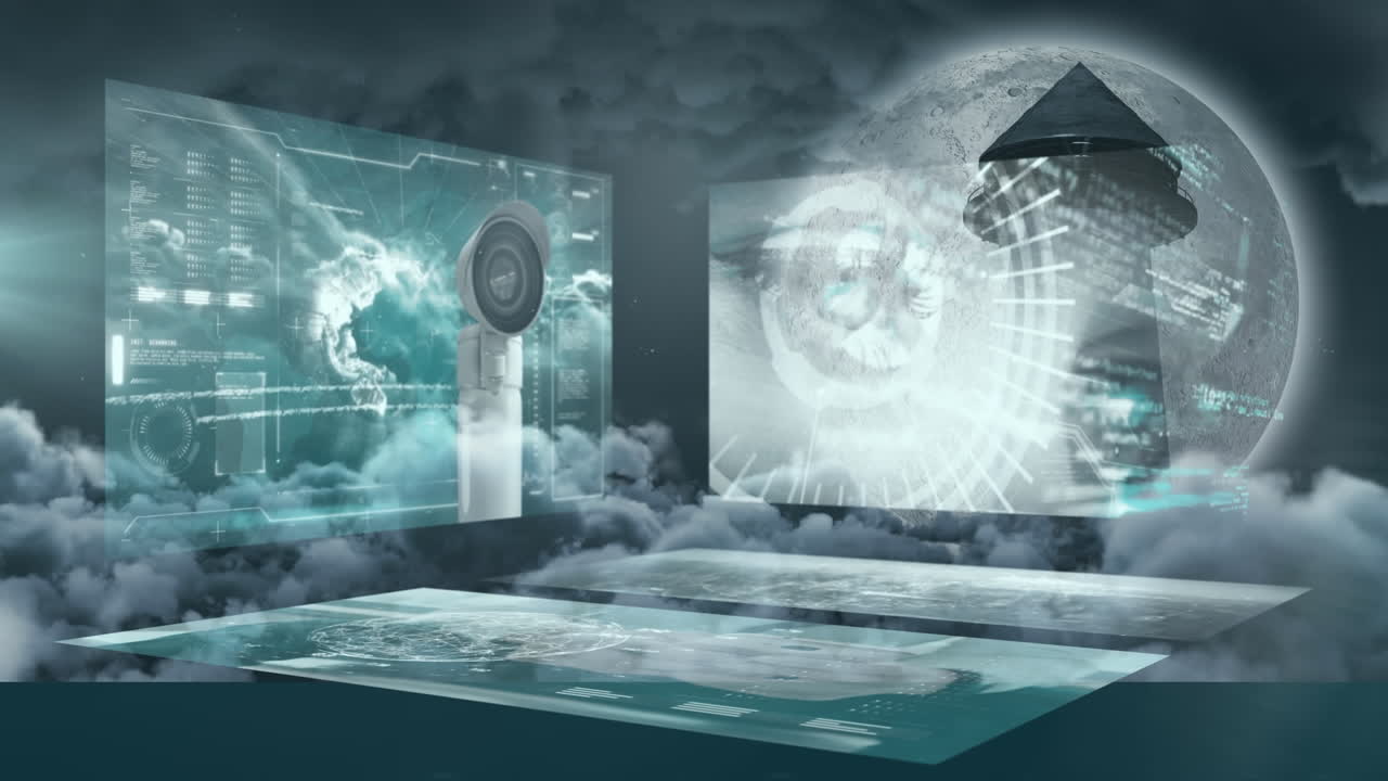 animación del procesamiento de datos en pantallas sobre la luna y el cielo nocturno