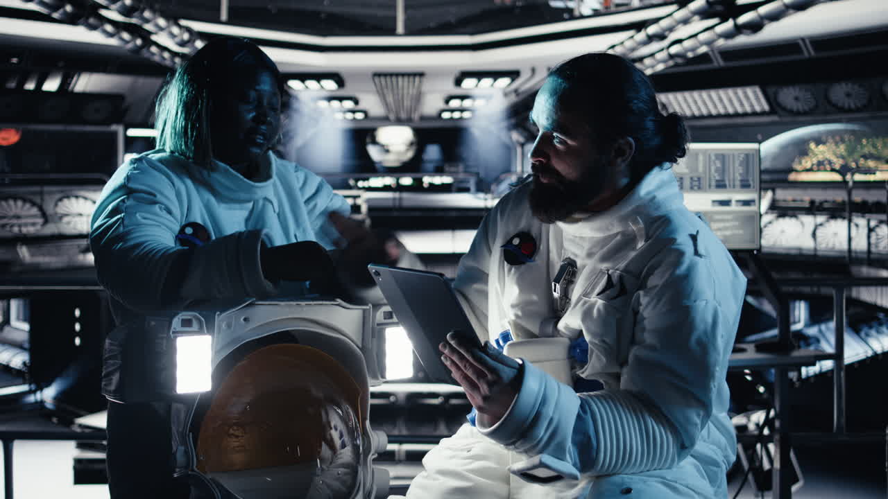 Researchers in starship discussing mission plan during mankind survival expedition