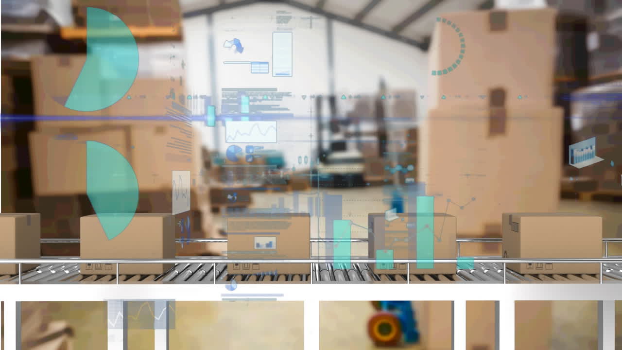 상자를 가진 컨베이어 벨트 위에서 통계 처리의 애니메이션