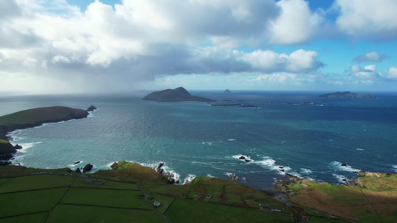 epic Irish seascapes drone defending blanket islands from Douncoin Slea Head Dingle on a showery autumn day