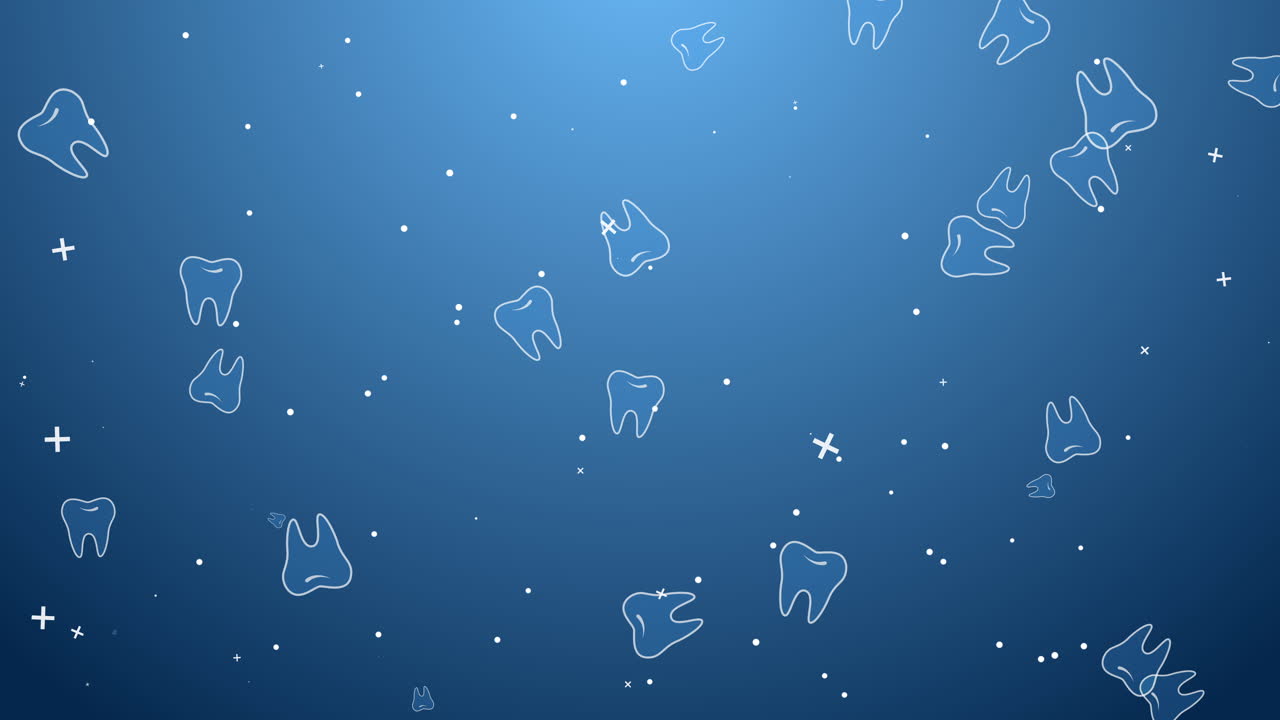 Blue animated background with drawn cartoon teeth. Rotating dental symbols. Abstract looping motion graphics. Copy space.