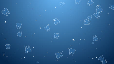 blue animated background with drawn cartoon teeth. rotating dental symbols. abstract looping motion graphics. copy space.