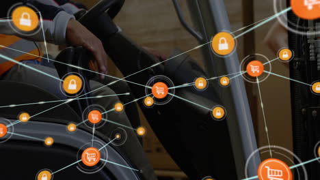 operating machinery in warehouse, person viewing animation of shopping cart network