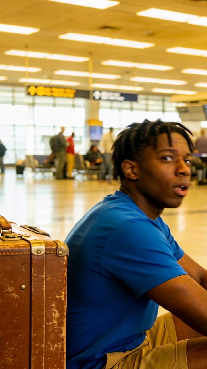 Vertical video: Sitting traveler in blue shirt speaking at gate near suitcase as people move