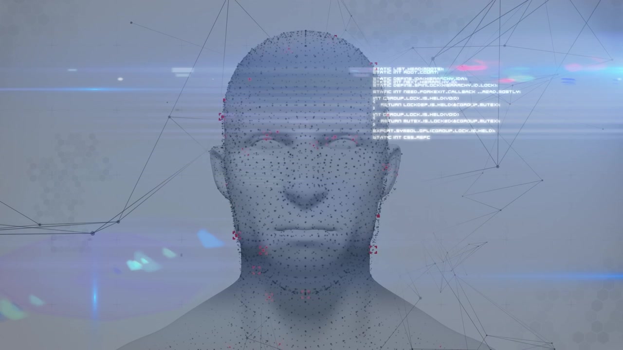 Animation of data processing over digital human head and network of connections