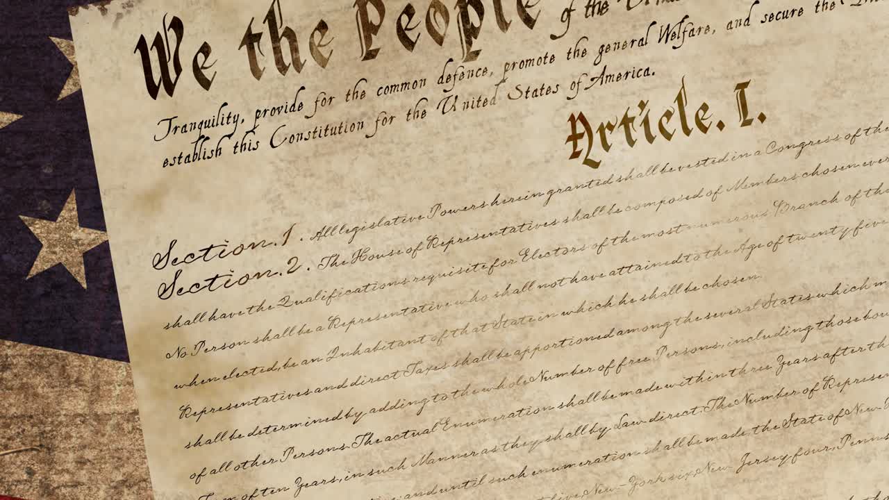 미국  ⁇ 발 위에 있는 미국 헌법 텍스트의 애니메이션