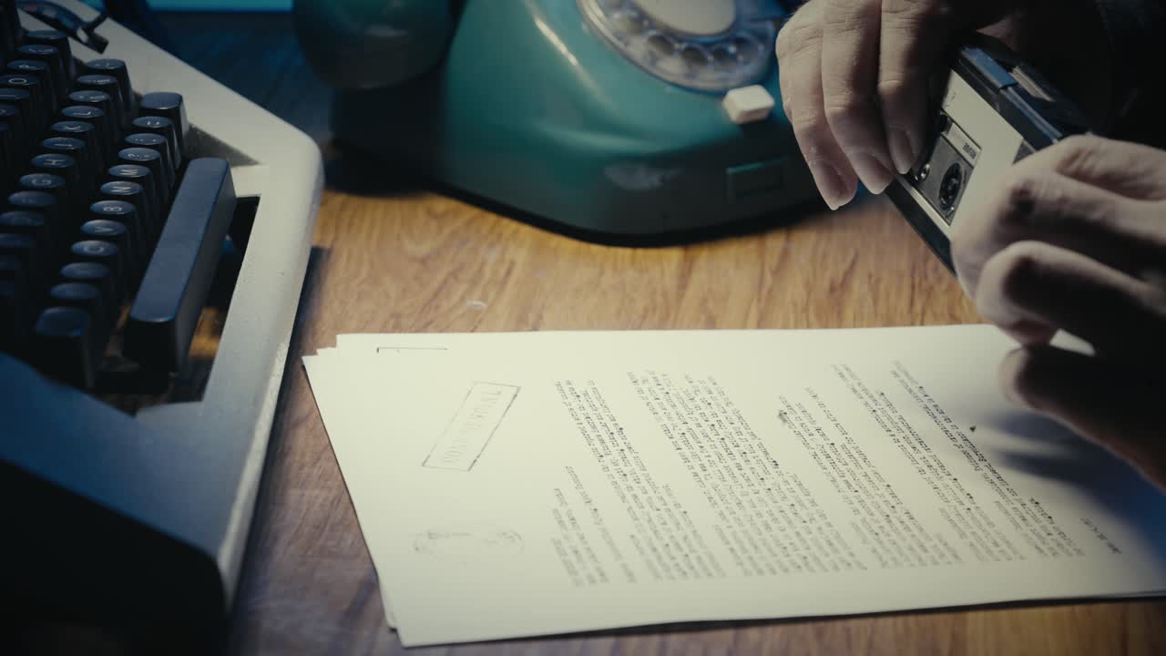 Researcher takes photos of documents in lowlight retro office scene