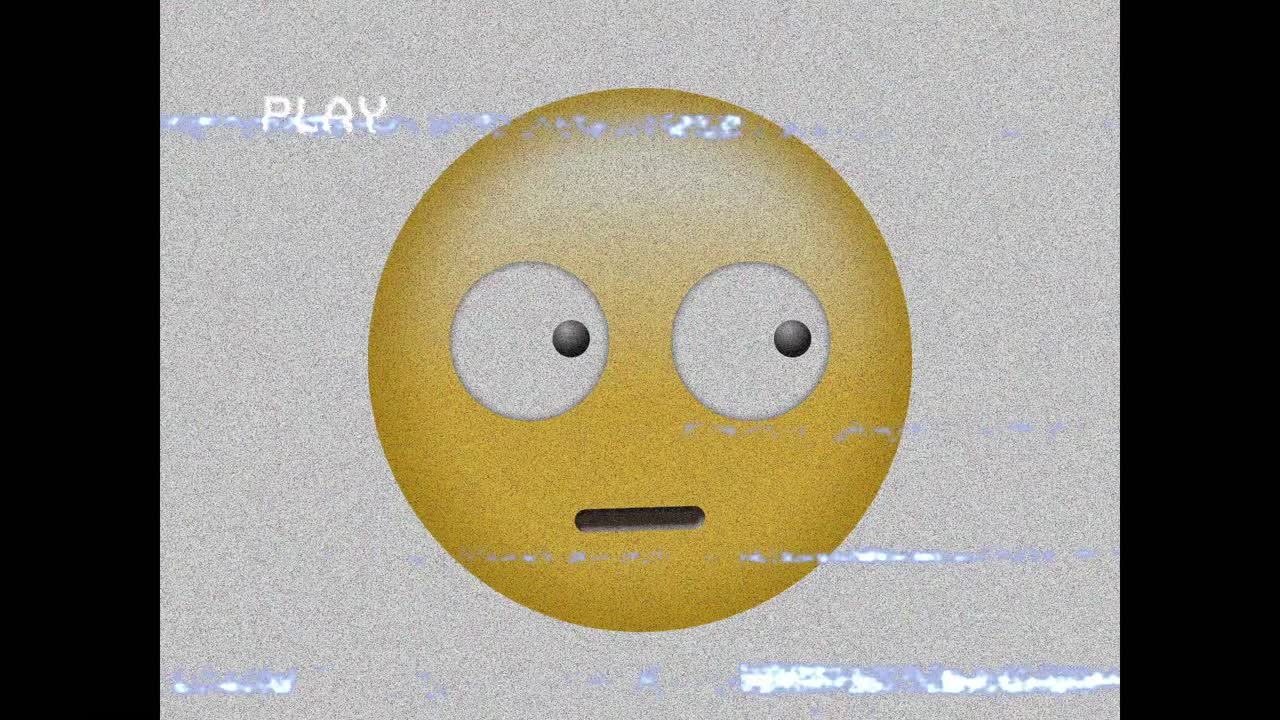 Digital animation of vhs glitch effect over confused face emoji against black background