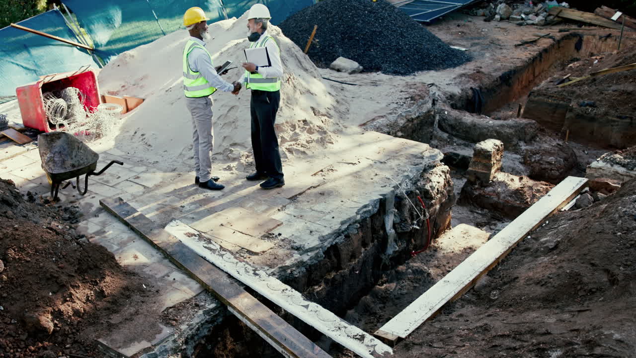 Construction workers shaking hands at a construction site