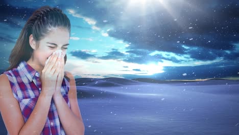 woman sneezing against snowfall background 4k