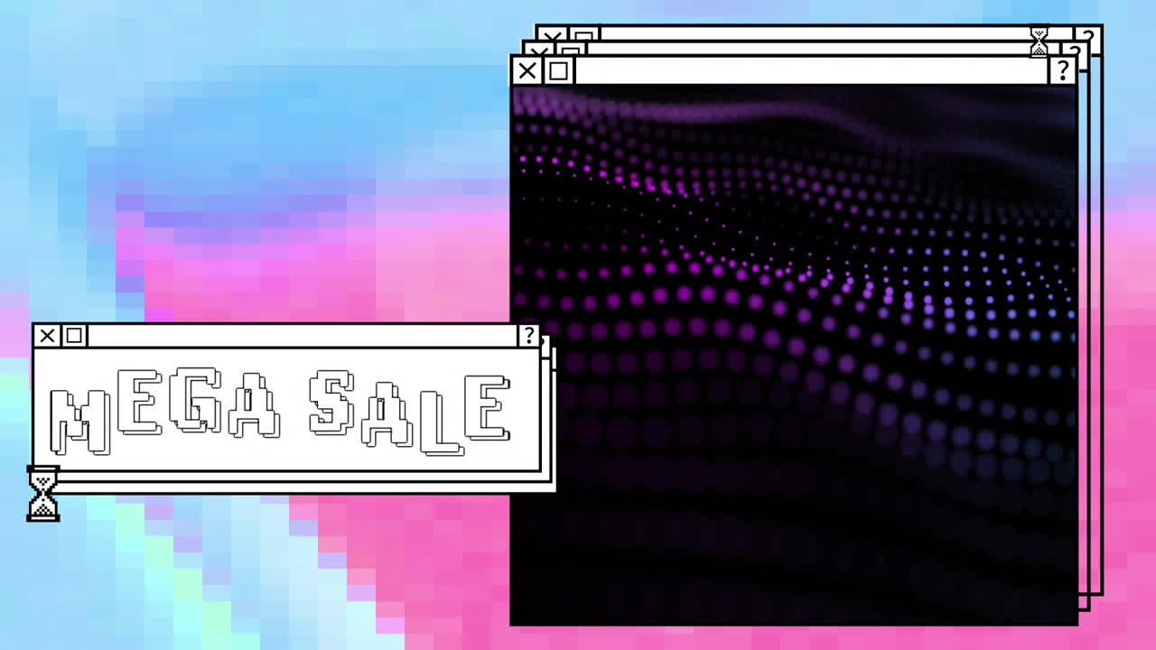 Animation of digital interface with purple spots and mega sale text on colourful background