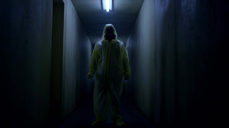 Protective Suit Technician Walking Down Dim Concrete Corridor Under Fluorescent Light, Hooded Figure In Full